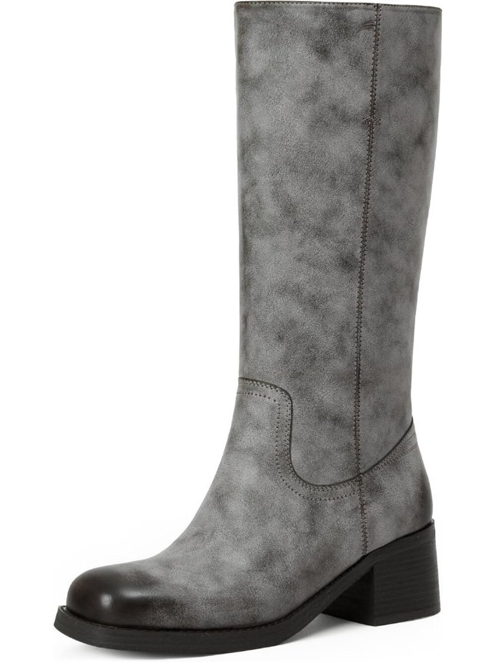 Women's Grey Chunky Block Low Heel Solid Square Toe Trendy Stylish Mid Calf Boot